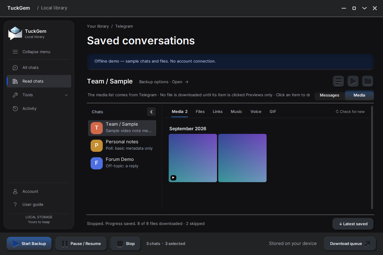 The Media page of the same chat, its videos grouped under September 2026